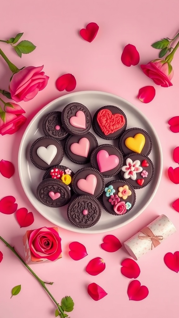 A plate of festive chocolate-covered Oreos decorated for Valentine's Day.