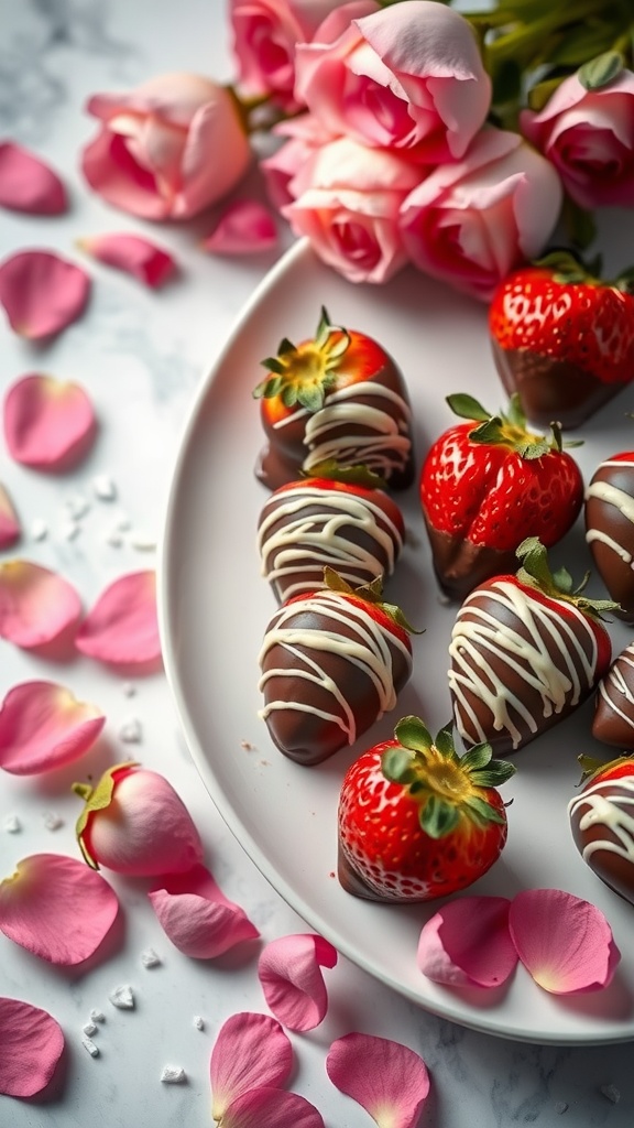 Delicious chocolate-covered strawberries arranged on a plate with roses and petals.