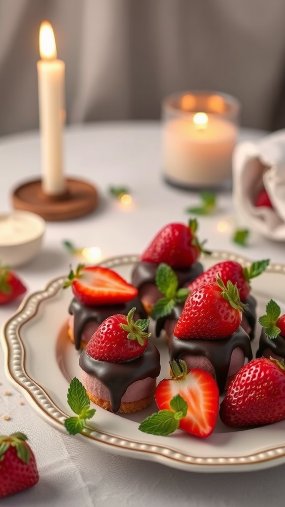 Chocolate-Covered Strawberry Cheesecake Bites on a decorative plate