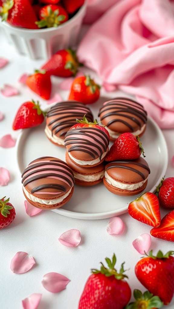 Chocolate-Covered Strawberry Macarons on a plate with strawberries