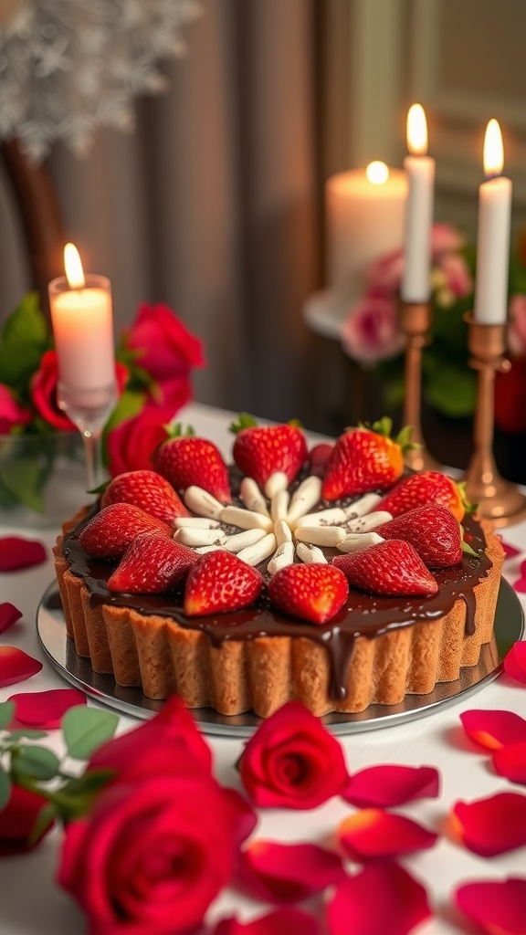 A beautifully decorated Chocolate-Covered Strawberry Pie with fresh strawberries on top.