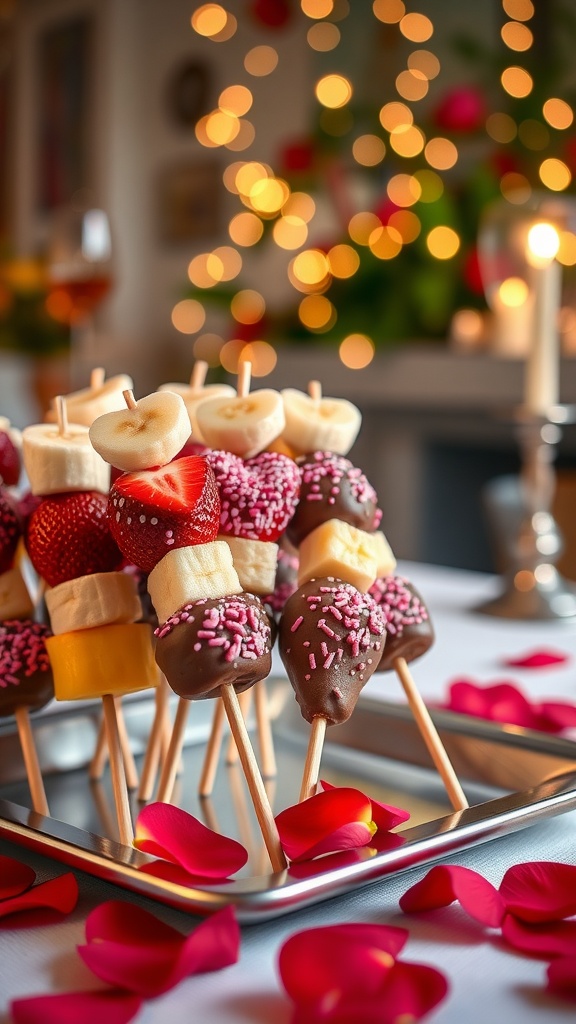 Chocolate-dipped fruit skewers with strawberries, bananas, and pineapple, decorated with sprinkles, served on a tray.