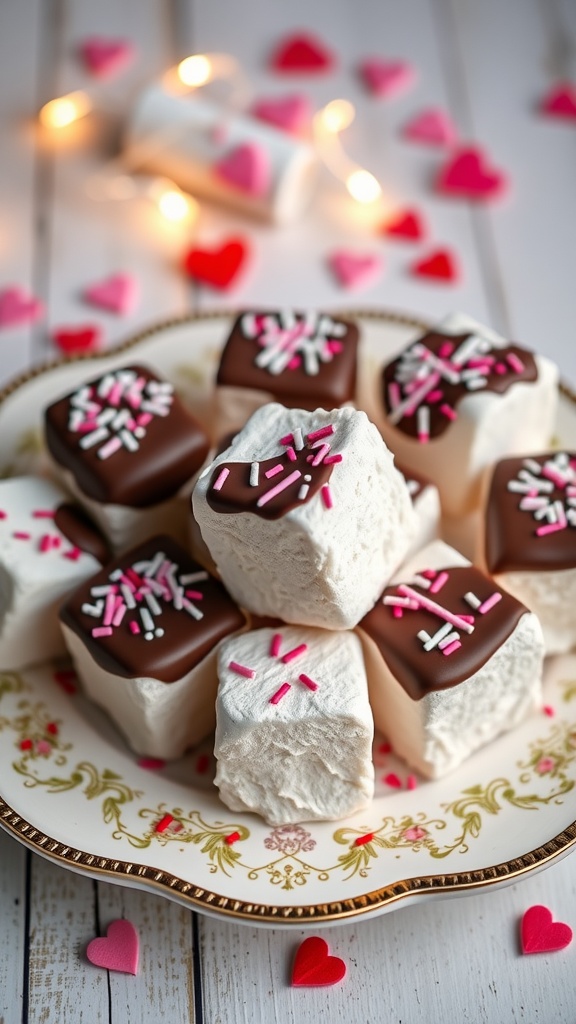 Chocolate-dipped marshmallows decorated with Valentine's Day sprinkles.