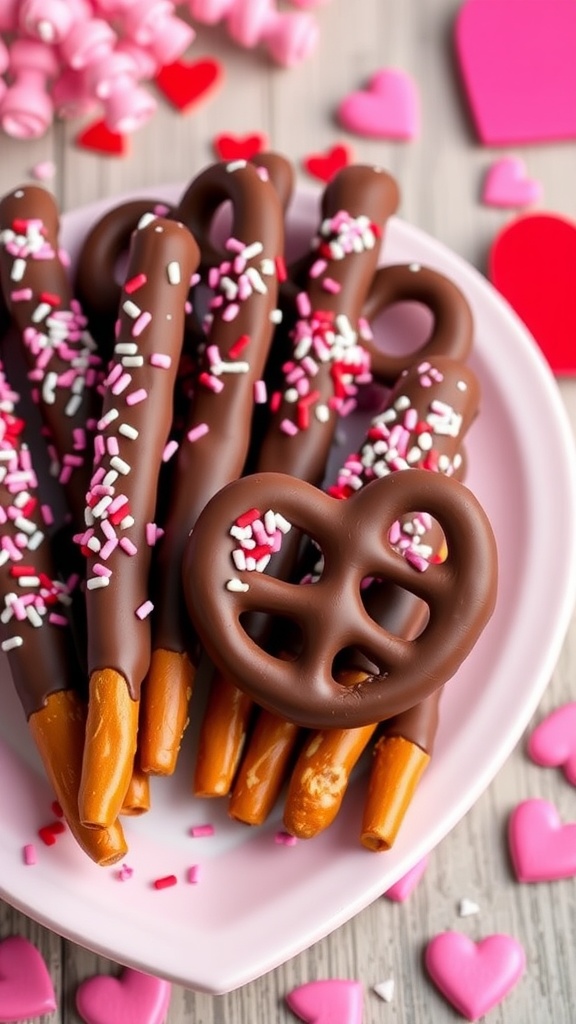Chocolate-dipped pretzels with Valentine's Day sprinkles on a plate