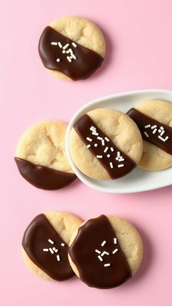Chocolate-dipped sugar cookies on a pink background, some on a plate with sprinkles.
