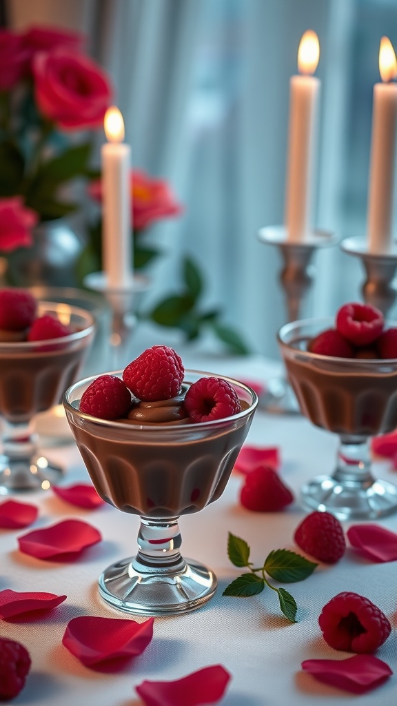 Elegant chocolate mousse cups topped with fresh raspberries, perfect for Valentine's Day.