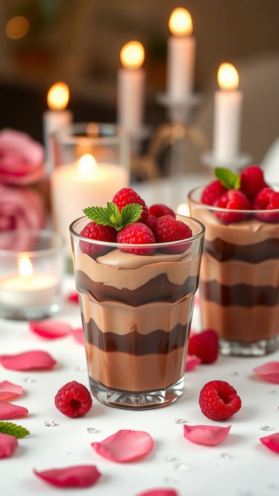 Chocolate raspberry mousse parfaits served in elegant glasses with fresh raspberries and mint leaves.