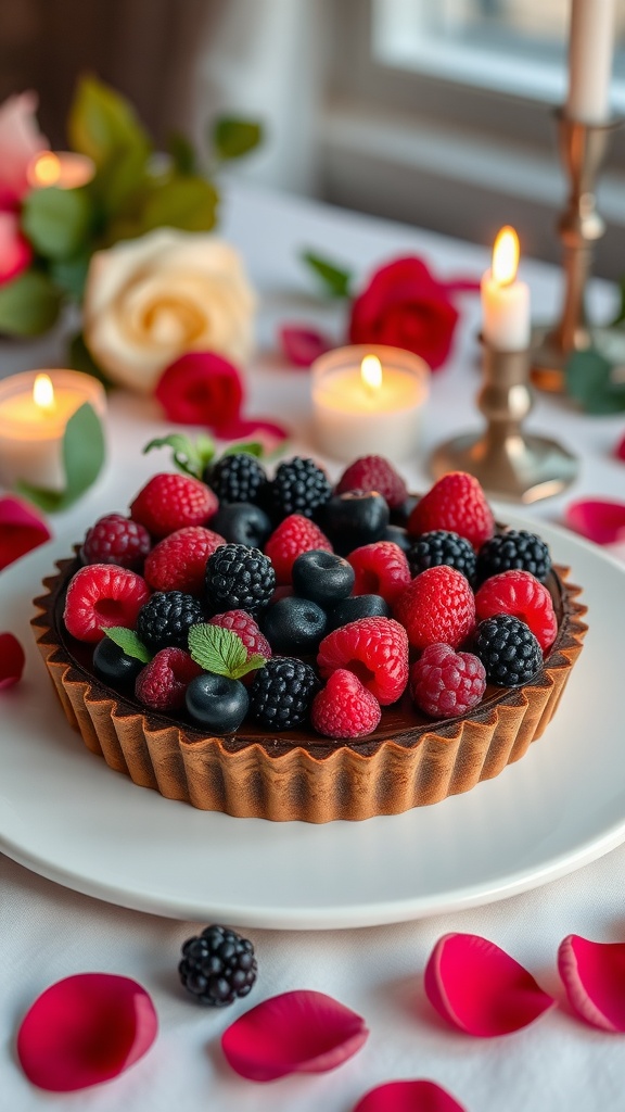 Delicious chocolate truffle tart topped with fresh berries on a decorative table.