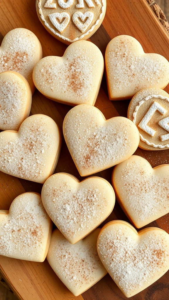 A plate of cinnamon sugar heart cookies with a light dusting of sugar.