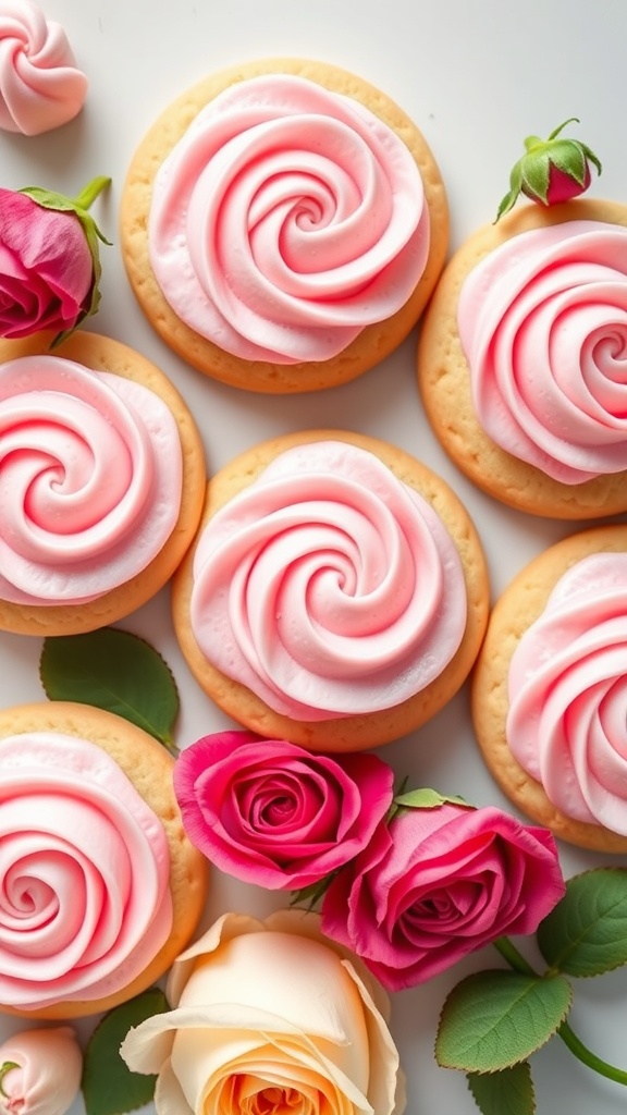 Sugar cookies with pink buttercream and roses