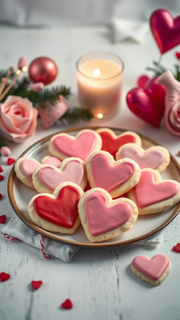 Heart-shaped cream cheese sugar cookies decorated with red and pink icing for Valentine's Day.