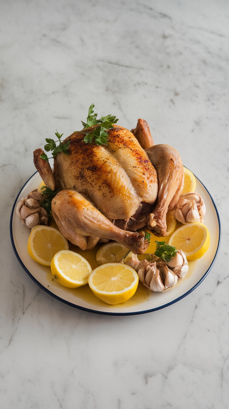 A crispy roast chicken garnished with herbs, served on a platter with lemon slices and garlic.