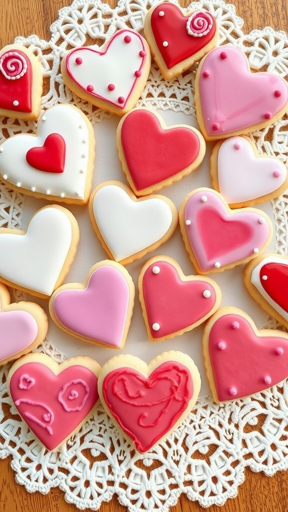 A variety of heart-shaped sugar cookies decorated with colorful icing.