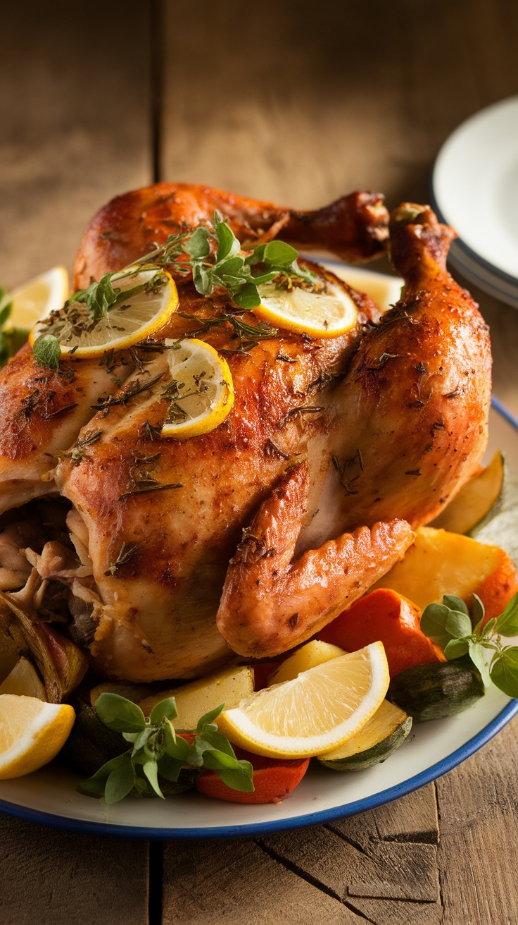 A roasted whole chicken garnished with lemon slices and fresh herbs, surrounded by colorful vegetables.