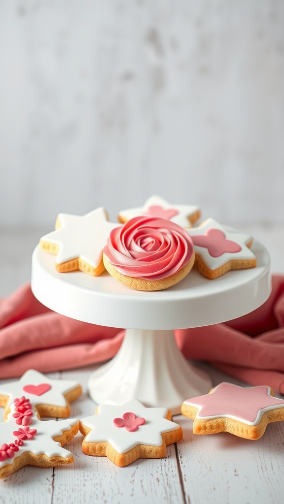 Gluten-free sugar cookies decorated with royal icing on a white cake stand