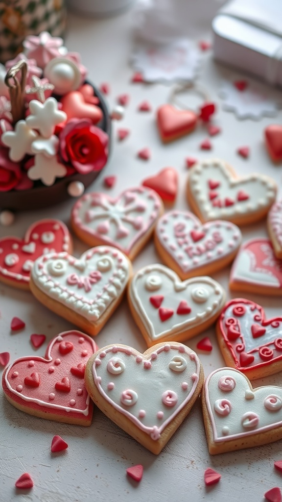 A variety of heart-shaped sugar cookies decorated with royal icing in red and pink colors, alongside small heart-shaped decorations.