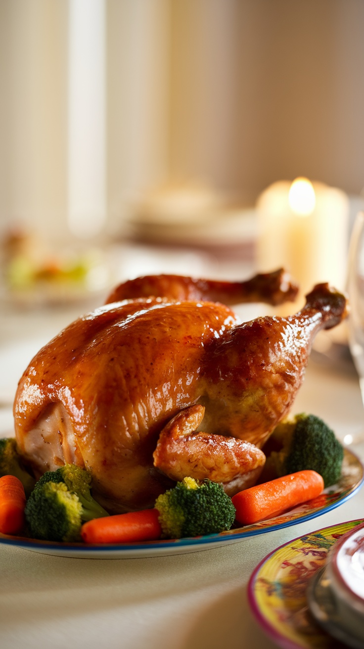 A whole honey garlic roast chicken served with broccoli and carrots on a plate.
