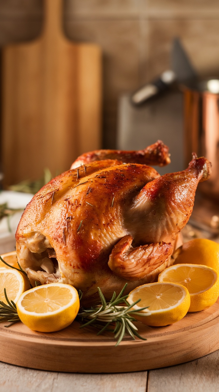 A beautifully roasted whole chicken garnished with lemon slices and rosemary