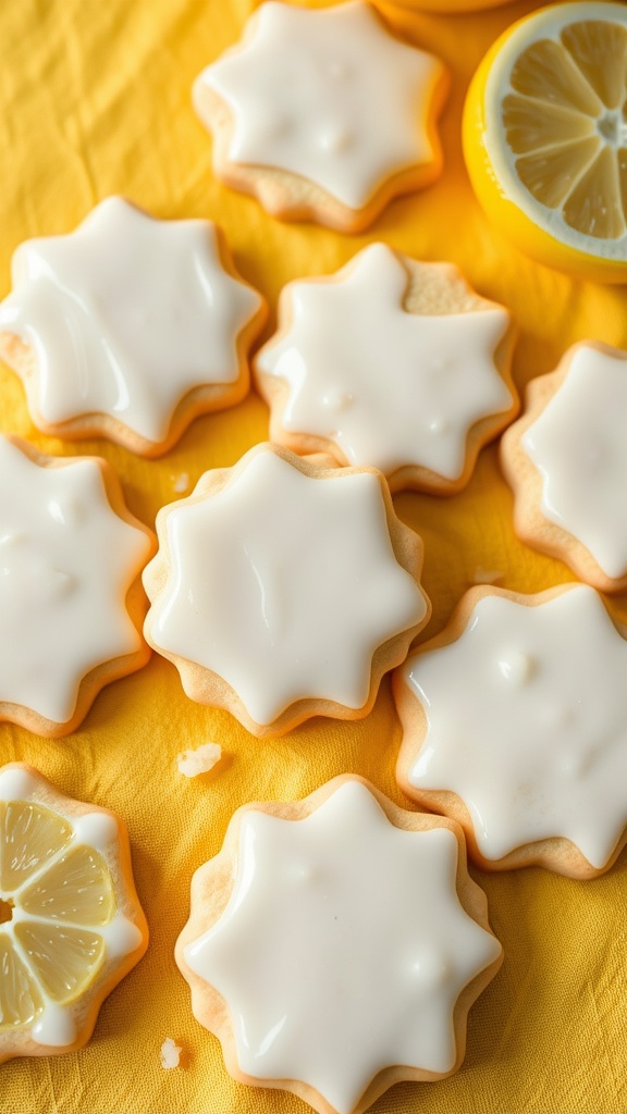 Lemon zest sugar cookies with white icing on a yellow background