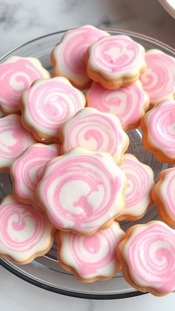 A plate of marbled sugar cookies with pink and white icing, shaped like flowers.