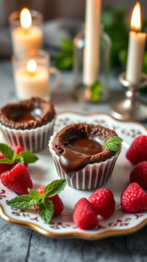 Delicious mini chocolate lava cakes served with fresh raspberries and mint leaves