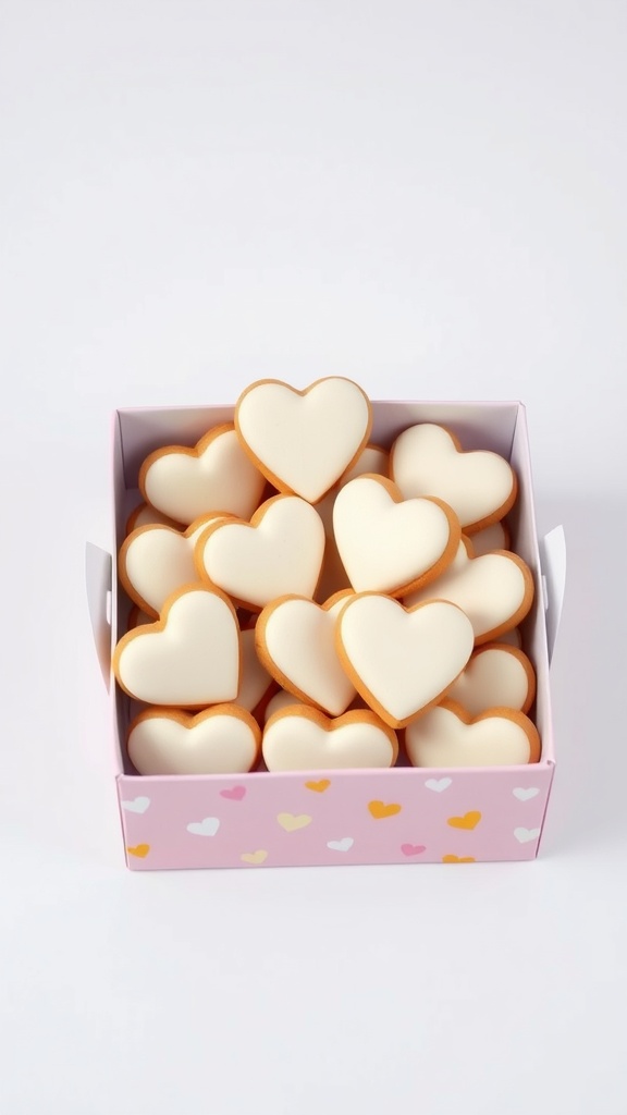A box filled with heart-shaped mini sugar cookies, decorated with white frosting.