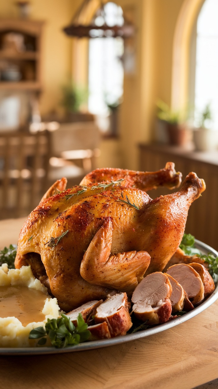 A beautifully roasted paprika chicken served with mashed potatoes and gravy