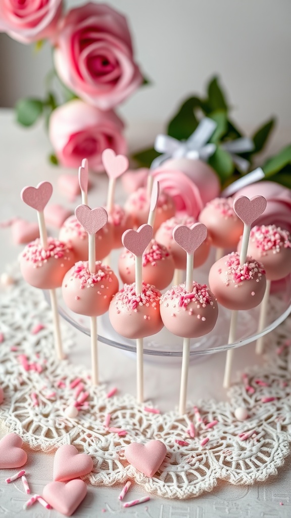 Pink champagne cake pops decorated with sprinkles and heart-shaped toppers
