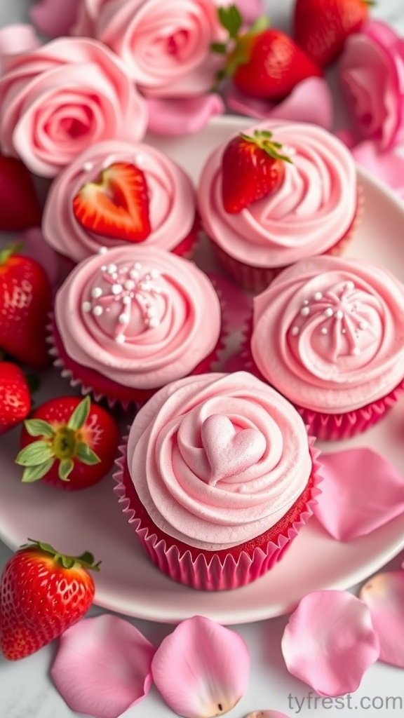 Delicious pink velvet cupcakes topped with strawberry buttercream frosting, decorated with fresh strawberries and rose petals.