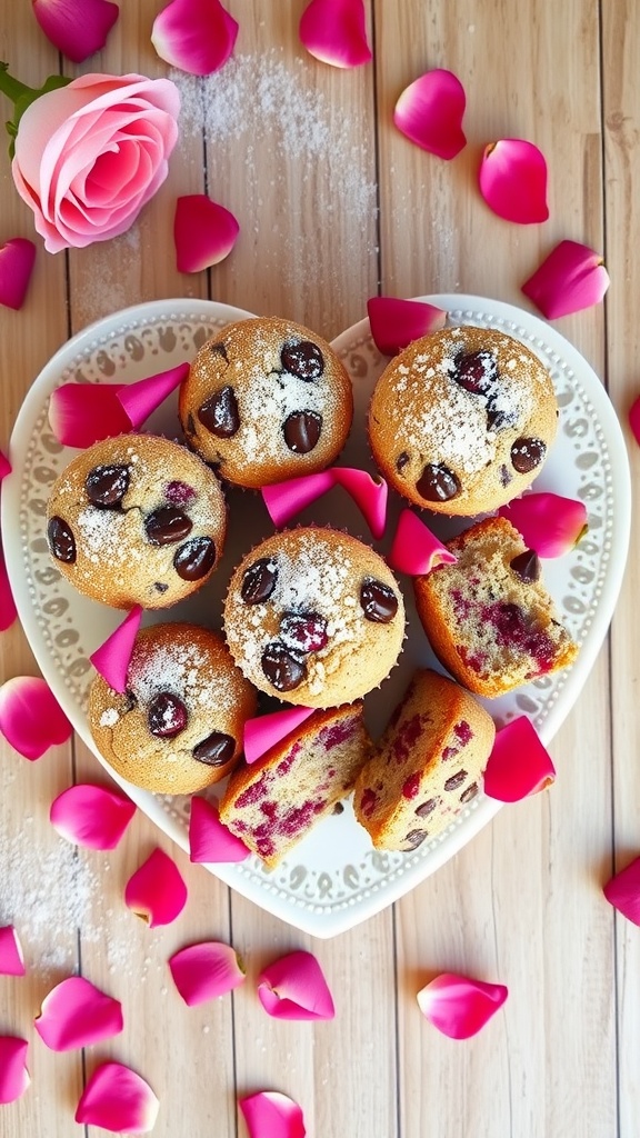 A plate of raspberry chocolate chip muffins on a heart-shaped dish surrounded by rose petals.