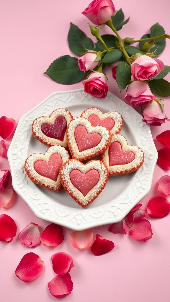 Raspberry Linzer Cookies with powdered sugar, decorated for Valentine's Day.