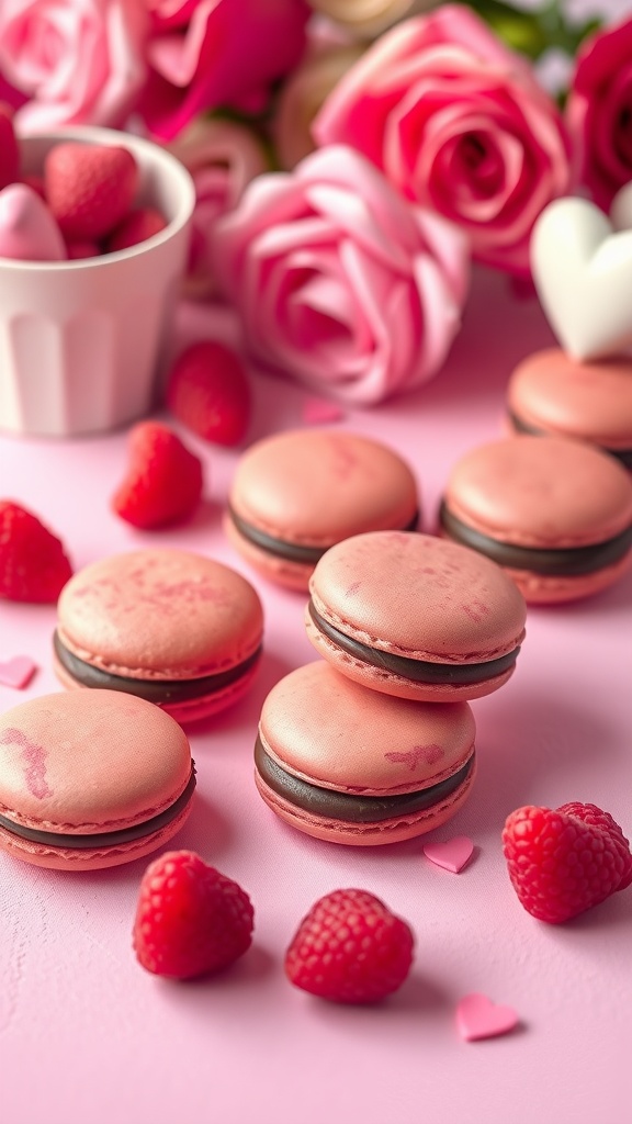 Raspberry macarons with chocolate ganache filling, surrounded by raspberries and roses.