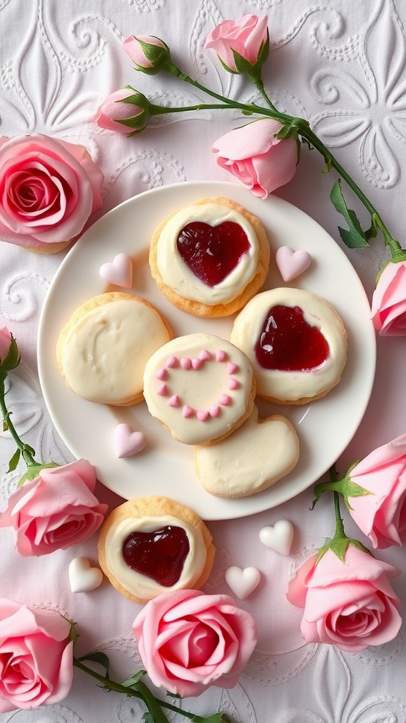 Plate of raspberry thumbprint cookies decorated with white chocolate and pink hearts