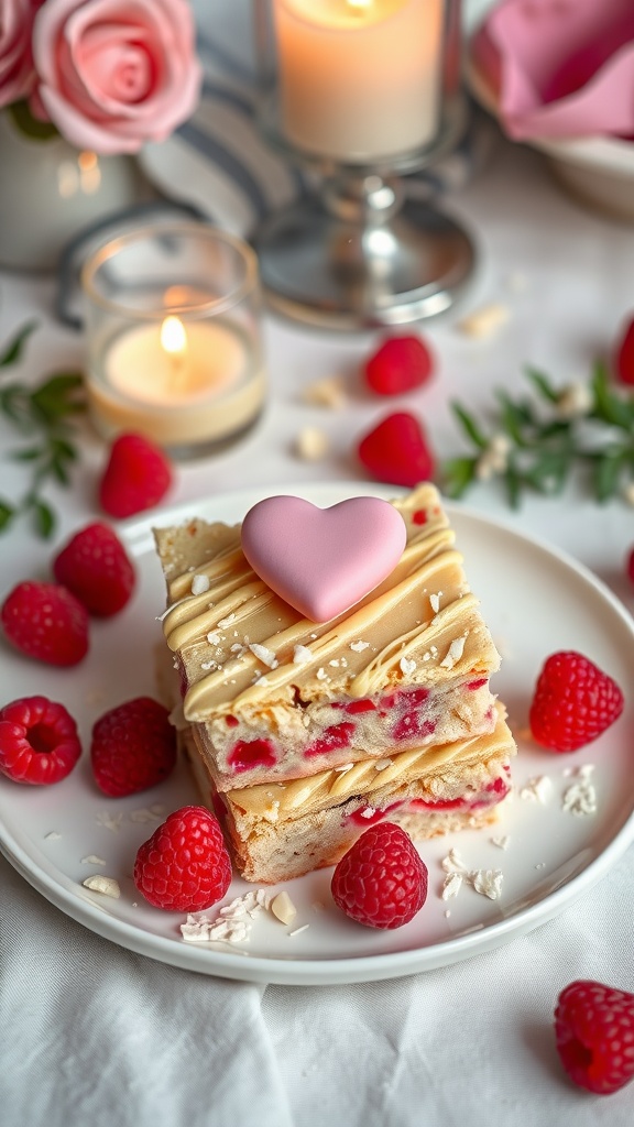Delicious Raspberry White Chocolate Blondies served on a plate with fresh raspberries.