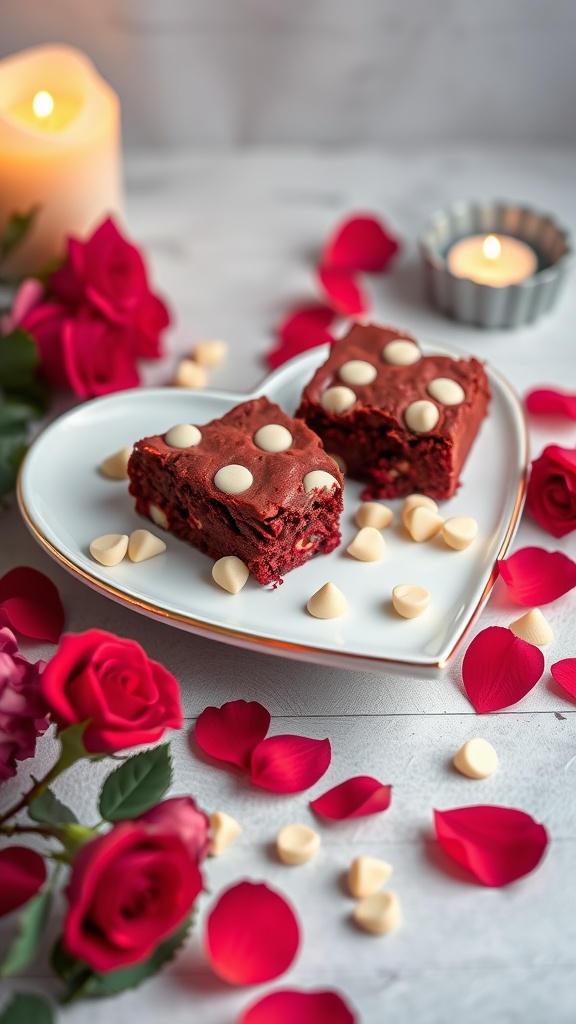 Delicious red velvet brownies topped with white chocolate chips, perfect for Valentine's Day.