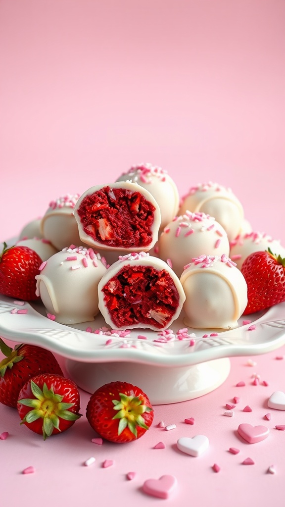 Delicious red velvet cake balls coated in white chocolate with festive sprinkles, displayed on a white plate.