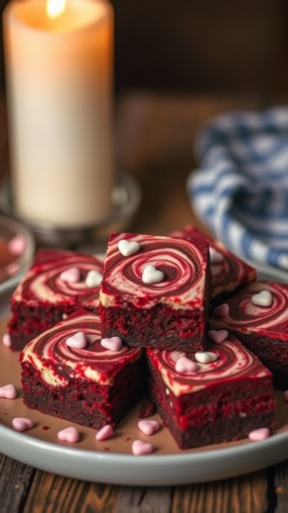 Delicious red velvet cheesecake swirl brownies with heart-shaped sprinkles