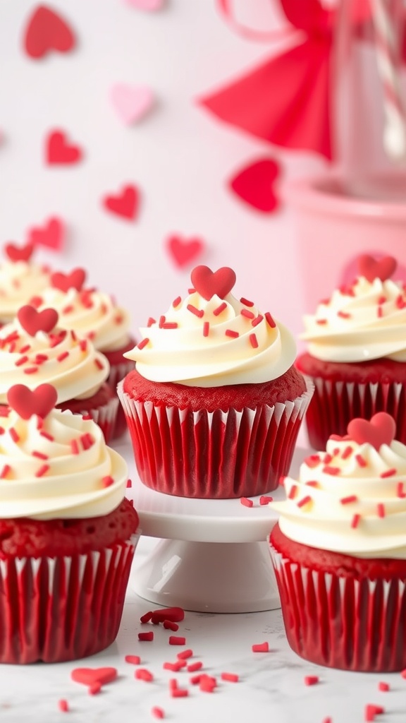Delicious red velvet cupcakes with cream cheese frosting and red sprinkles for Valentine's Day