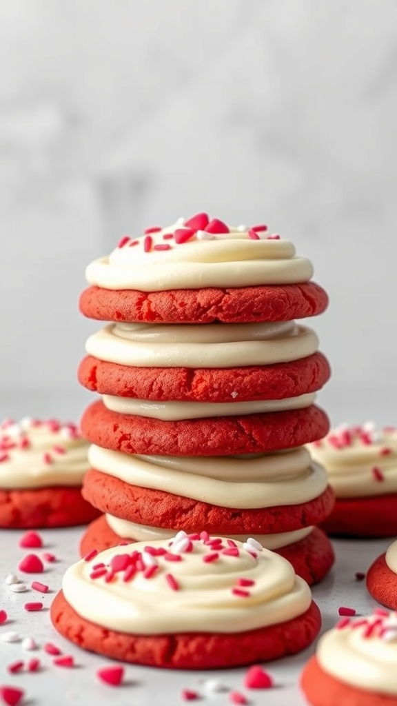 Stack of red velvet sugar cookies with cream cheese frosting and heart-shaped sprinkles
