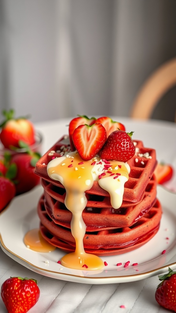 Stack of red velvet waffles topped with strawberries and cream cheese syrup.