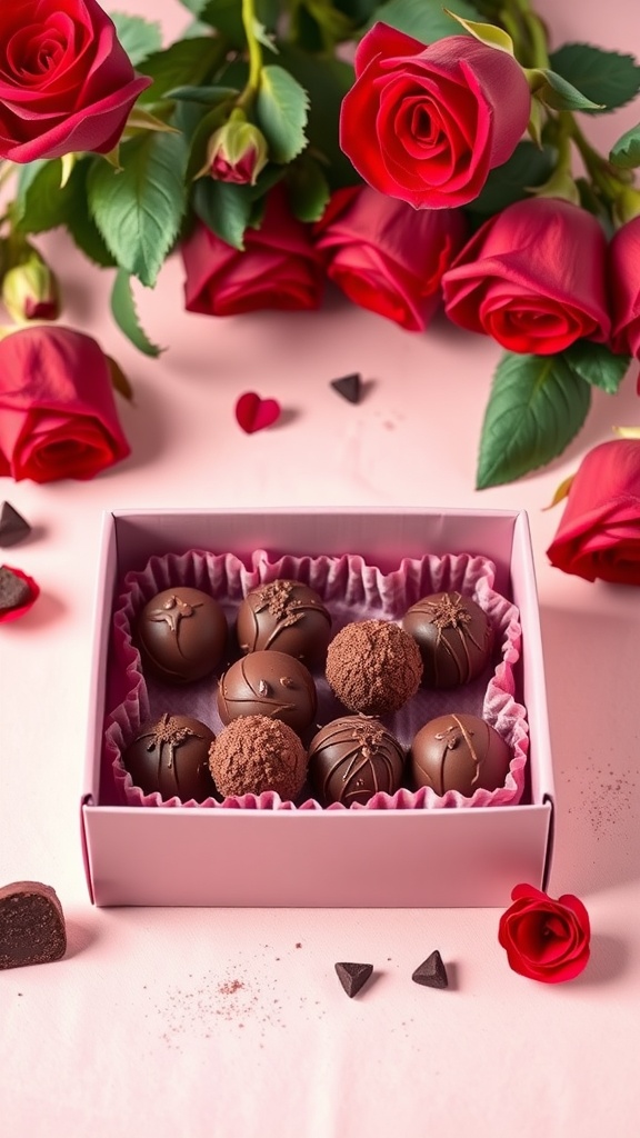 A box of homemade chocolate truffles surrounded by red roses, symbolizing love and indulgence.