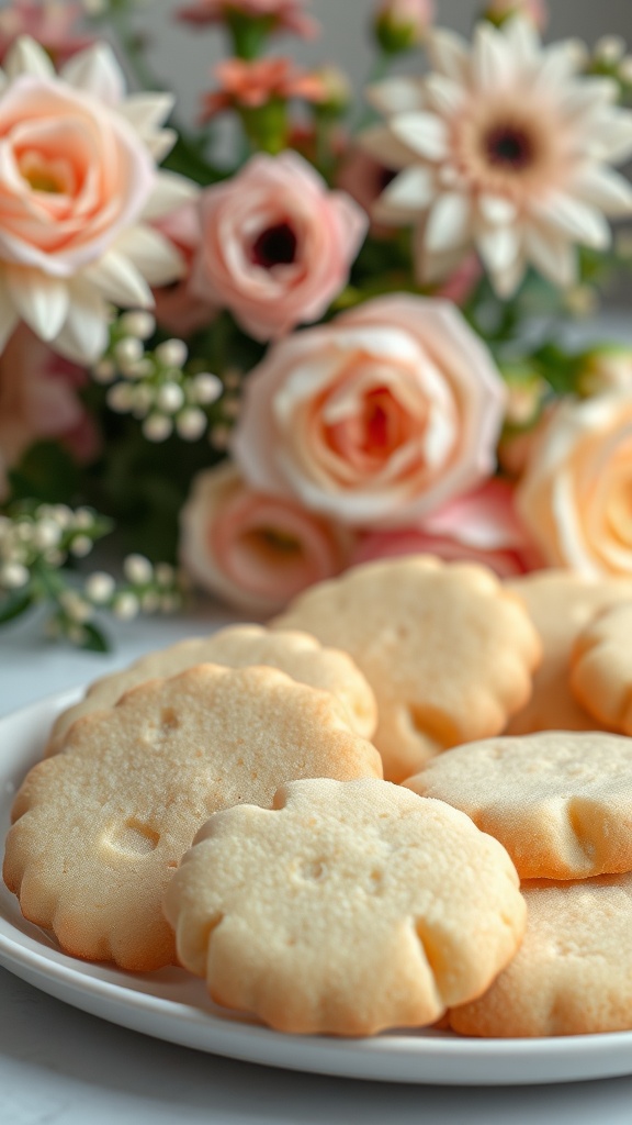 A plate of vanilla-scented sugar cookies surrounded by flowers.