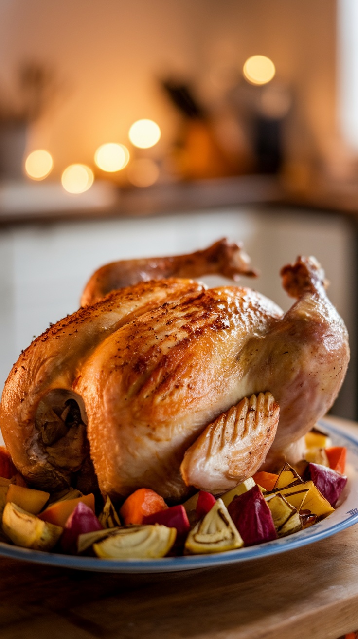 A beautifully roasted spatchcocked chicken surrounded by colorful root vegetables.