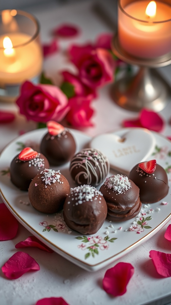 Delicious Strawberry Champagne Truffles on a decorative plate with rose petals.