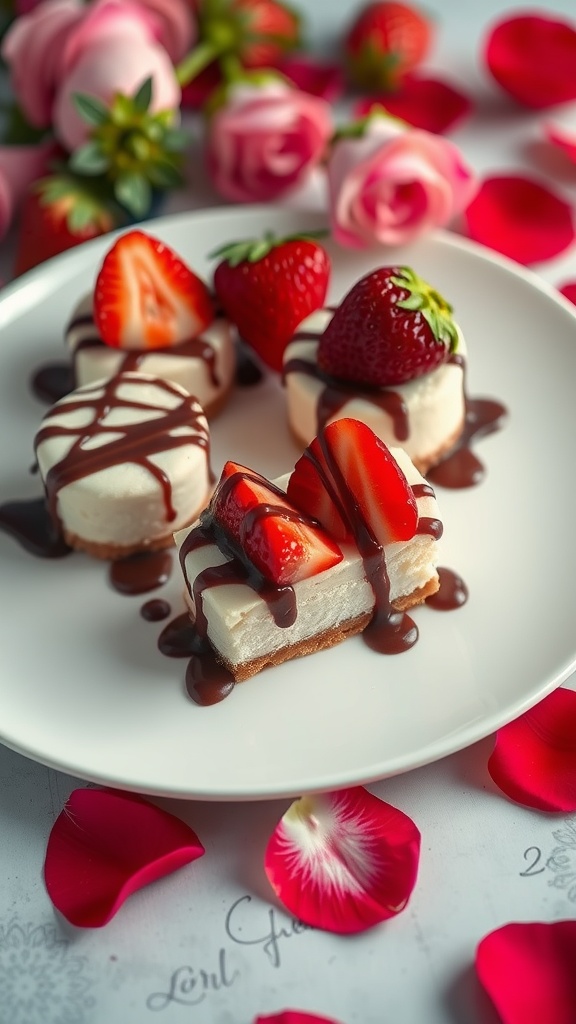 Strawberry cheesecake bites on a plate with chocolate drizzle and fresh strawberries