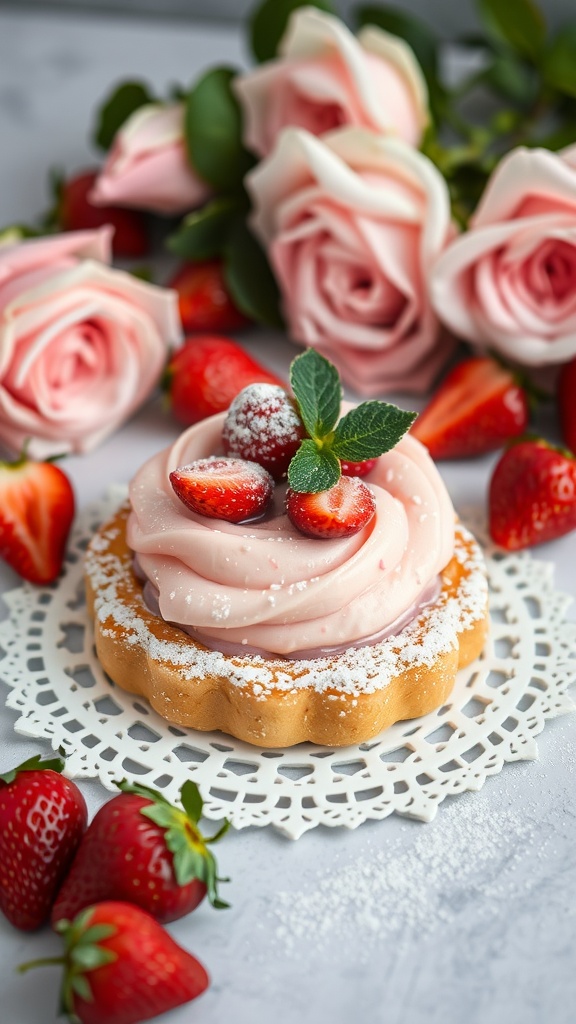 A delicious strawberry cream cheese danish, perfect for Valentine's Day, topped with fresh strawberries and mint.