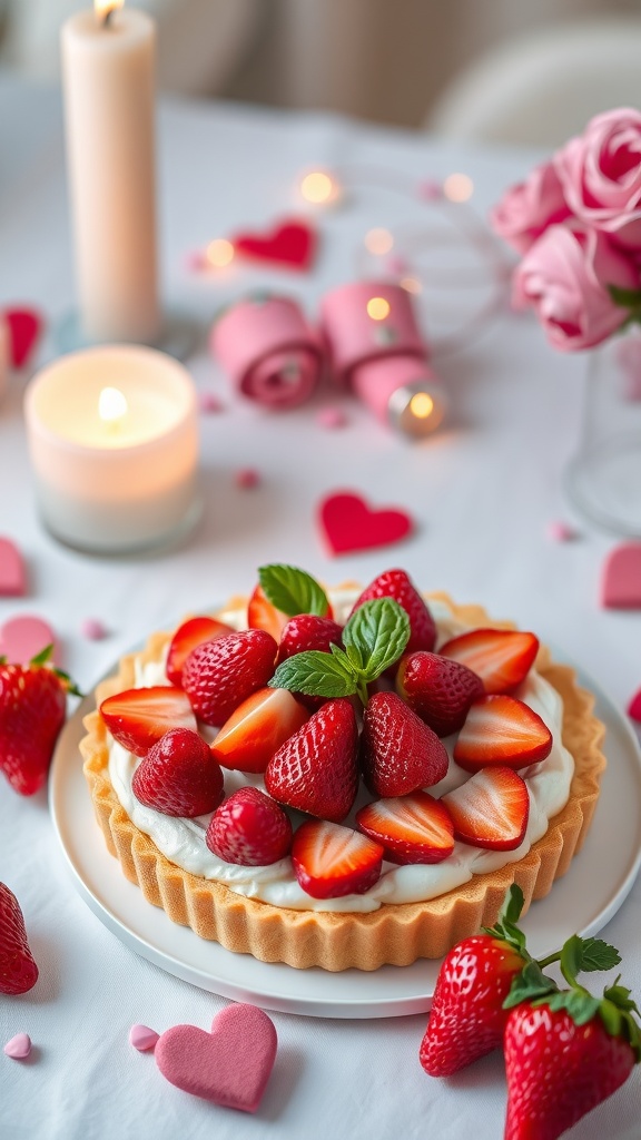 Strawberry Mascarpone Tart with fresh strawberries and mint on a table decorated for Valentine's Day.