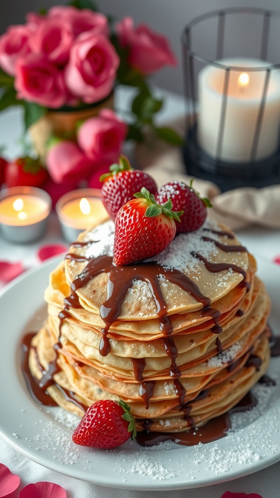 A stack of strawberry Nutella crepes topped with fresh strawberries and powdered sugar.