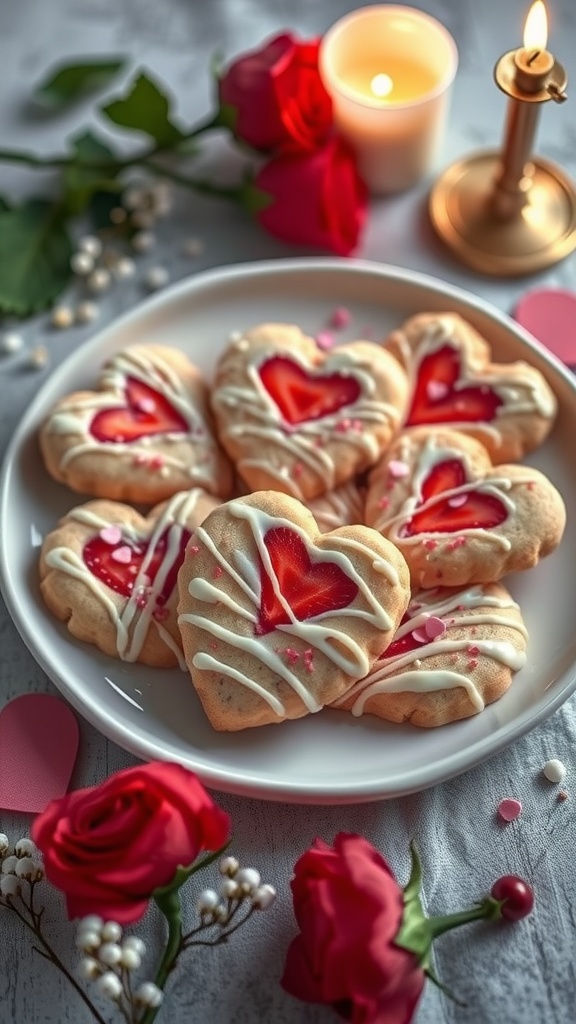 Delicious strawberry shortbread cookies decorated with white chocolate and sprinkles, arranged on a plate.