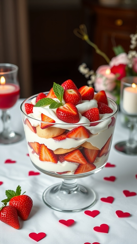 A delicious strawberry shortcake trifle with layers of strawberries, whipped cream, and cake.